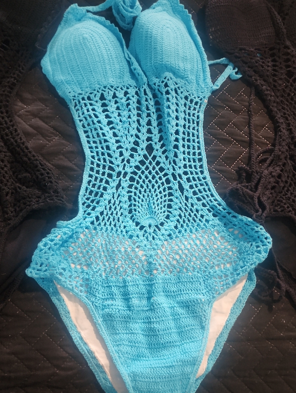 4 Pc Crochet One-Piece Swimsuit in Black and Blue - Stylish Cover-Up - Picture 5 of 10